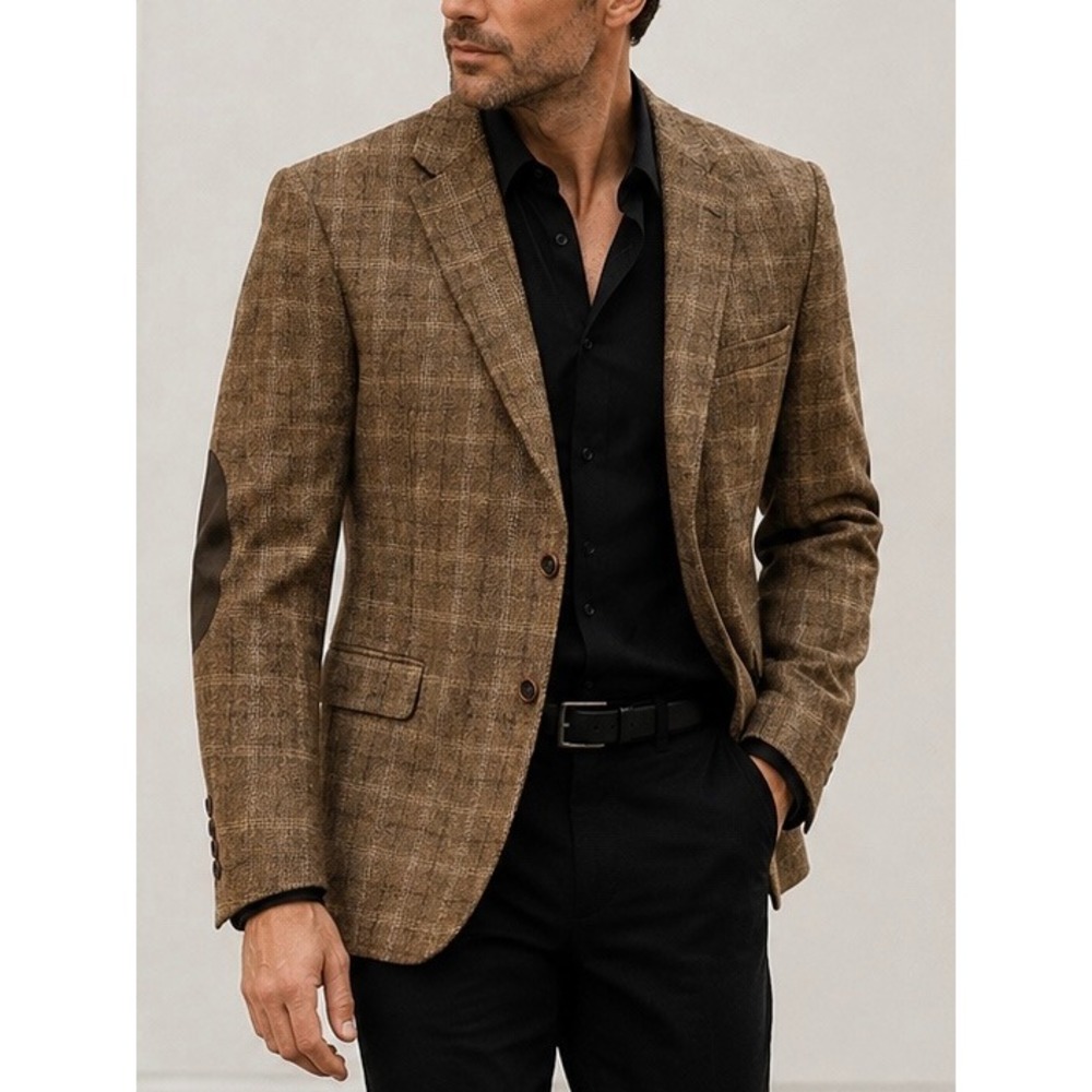 Jos A Bank Mens 44R Brown Plaid 100% Wool Blazer Elbow Patches Tailored Fit‎